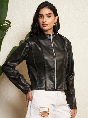 TANDUL Women Sleek Black Leather Jacket