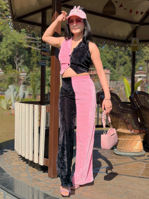 TANDUL Women Pink and Black Velvet Co-ord Set