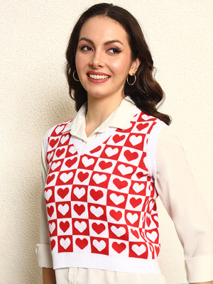 TANDUL Women Charming Red and White Heart Patterned Sweater