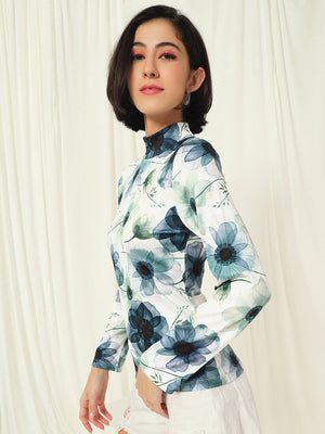TANDUL  Women Floral Print High Neck White Sweater