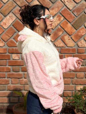 TANDUL Women Solid White and Pink Fur Hoodie