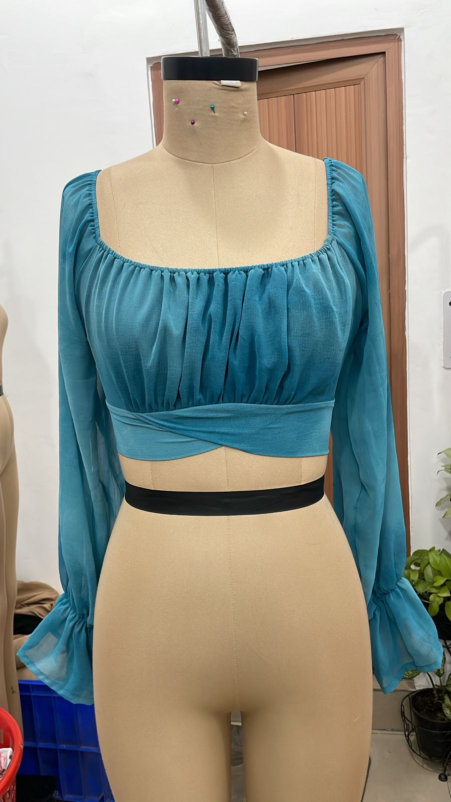 TANDUL Women Ruched Square Neck  Georgette Crop Top