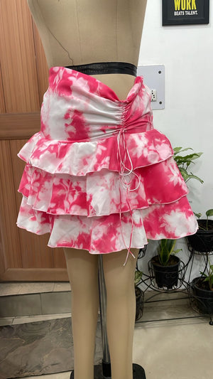 TANDUL Women Fuchsia Pink Tie-Dye Ruffle Mini Skirt