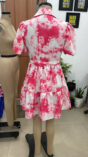 TANDUL Women's Fuchsia Pink Tie-Dye Puff Sleeve Mini Shirt Dress