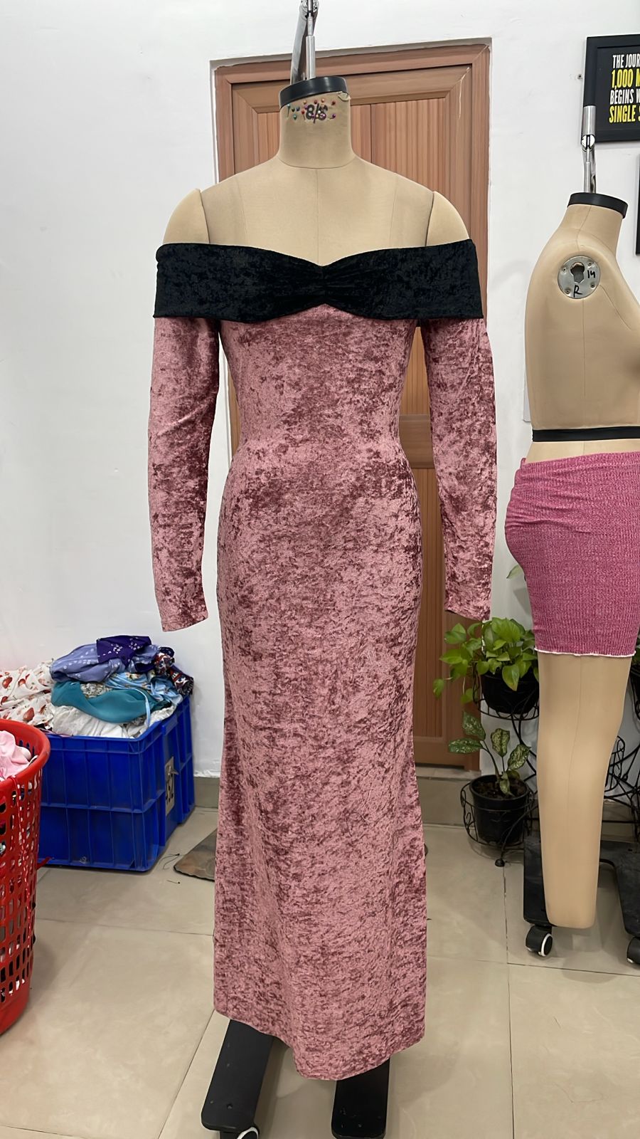 TANDUL Women Rose Gold Velvet Off-Shoulder Maxi Dress