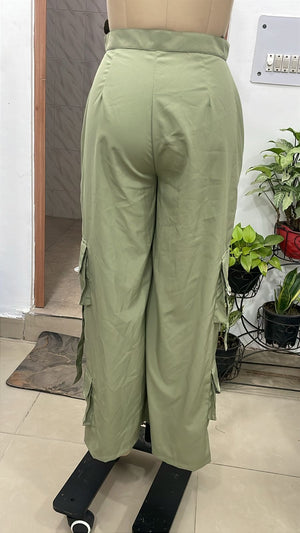 TANDUL Women Sage Green Ultra-Wide Leg Cargo Trousers