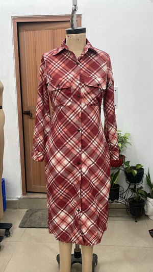 TANDUL Women Plaid Printed Button-Down Midi Shirt Dress
