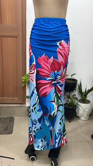 TANDUL Women Vibrant Blue & Pink Floral Ruched Maxi Skirt
