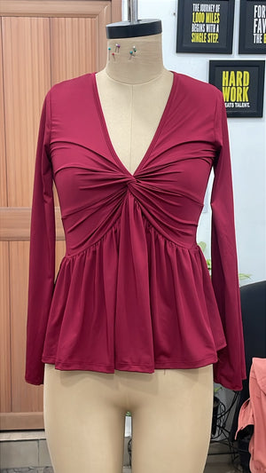 TANDUL Women Burgundy Twist-Front Peplum Top