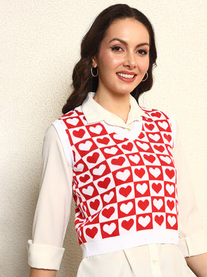 TANDUL Women Charming Red and White Heart Patterned Sweater