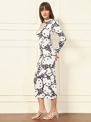 TANDUL White Kitty Printed Bodycon Dress