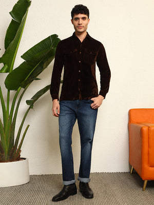 TANDUL Men's Brown Velvet Shirt