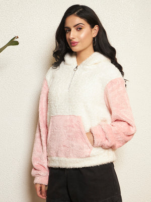 TANDUL Women Solid White and Pink Fur Hoodie