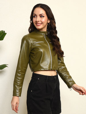 TANDUL Women Stunning Green Leather Jacket