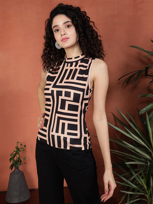 TANDUL Casual Sleeveless Printed Women Beige Top