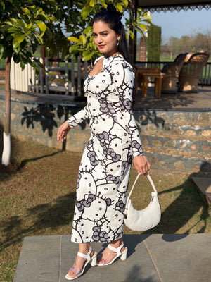 TANDUL White Kitty Printed Bodycon Dress