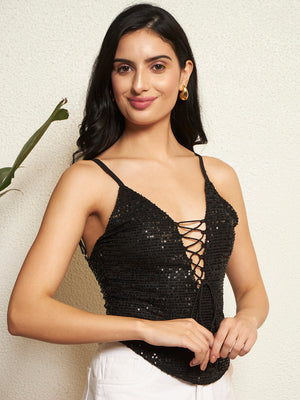 TANDUL Women Dazzling Black Sequin Top