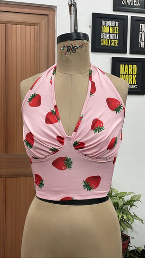 TANDUL Women's Pastel Pink Strawberry Halter Top