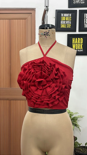 TANDUL Women Red Rose Petal Layered Evening Halter Top