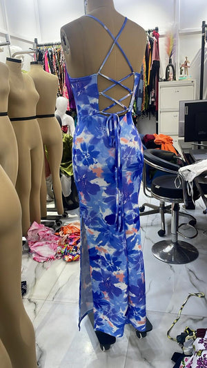 TANDUL Women Blue Floral Backless Bodycon Dress
