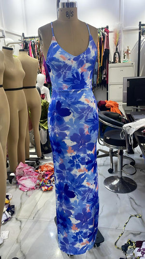 TANDUL Women Blue Floral Backless Bodycon Dress