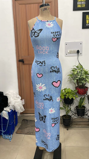 TANDUL Women's Sleeveless Halter Neck Printed Bodycon Maxi Dress