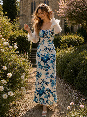 TANDUL Women Floral Print Maxi Dress with Sheer Sleeves