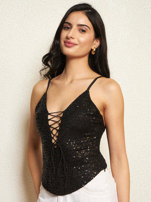 TANDUL Women Dazzling Black Sequin Top