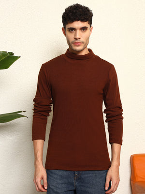 TANDUL Men's Solid Brown Highneck