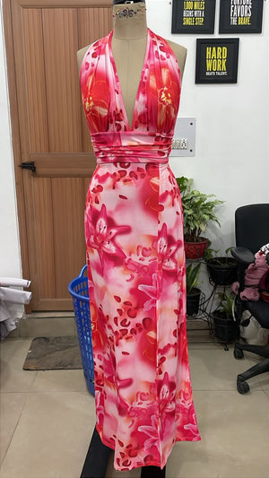 TANDUL Women Tropical Pink Floral Halter Maxi Dress