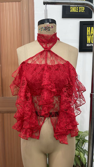 TANDUL Women Red Sheer Floral Lace Tiered Ruffle Halter Top