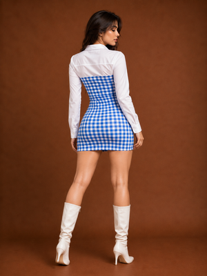 TANDUL- Women Blue Gingham Cherry Print Bodycon Dress