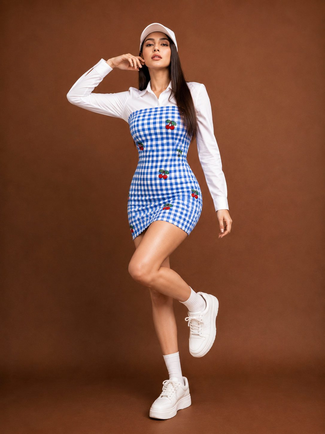 TANDUL- Women Blue Gingham Cherry Print Bodycon Dress