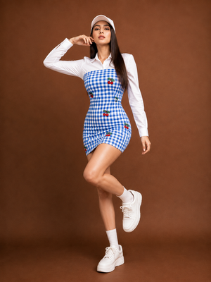 TANDUL- Women Blue Gingham Cherry Print Bodycon Dress