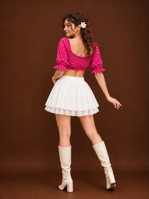 TANDUL Women Hot Pink Polka Dot Puff Sleeve Crop Top