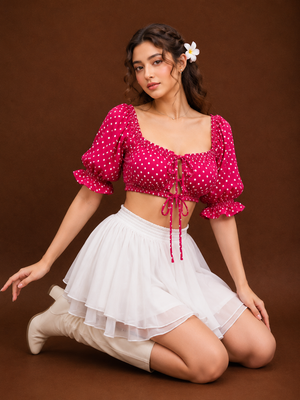 TANDUL Women Hot Pink Polka Dot Puff Sleeve Crop Top