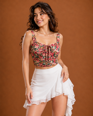 TANDUL Women Pink Floral Print Lace-Up Corset Crop Top