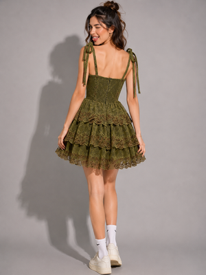 TANDUL Women Fairycore Olive Green Lace Mini Dress