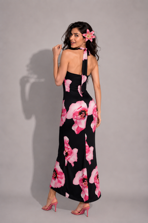 TANDUL Women Retro Pink Hibiscus Floral Halter Maxi Dress