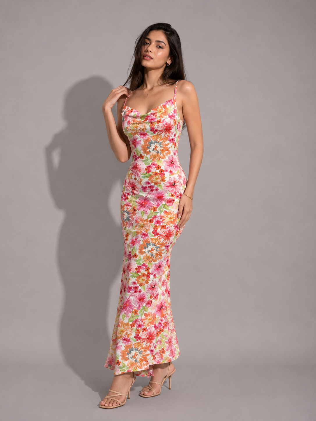 TANDUL Women Floral Print Cowl Neck Maxi Dress