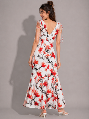 TANDUL Women Tropical Orange Lily Printed Mermaid Maxi Dress