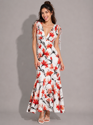 TANDUL Women Tropical Orange Lily Printed Mermaid Maxi Dress