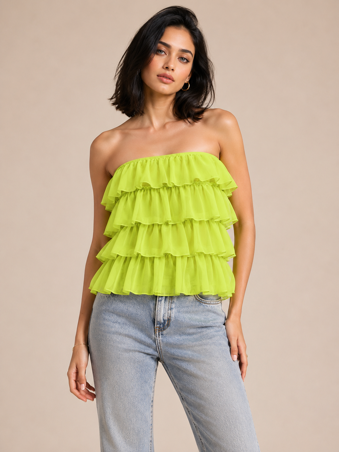 TANDUL Women Vibrant Ruffled Neon Green Top