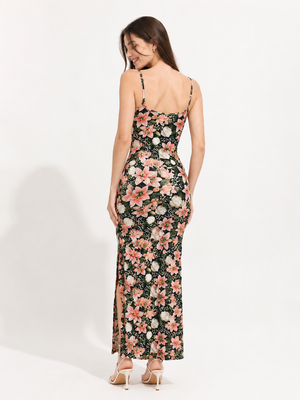 TANDUL Women Dark Green Lily and Rose Print Bodycon Maxi Dress