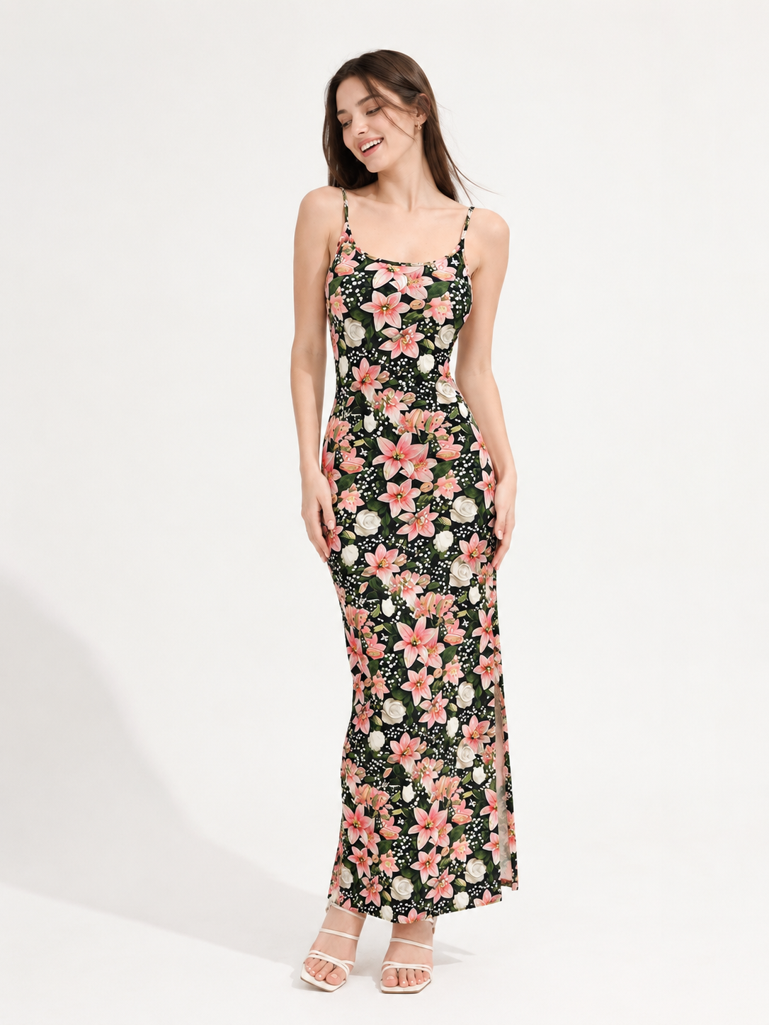 TANDUL Women Dark Green Lily and Rose Print Bodycon Maxi Dress