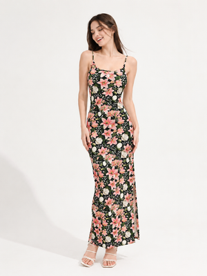 TANDUL Women Dark Green Lily and Rose Print Bodycon Maxi Dress