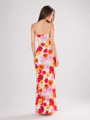 TANDUL Women's Retro Daisy Print Cami Maxi Dress with Side Slit