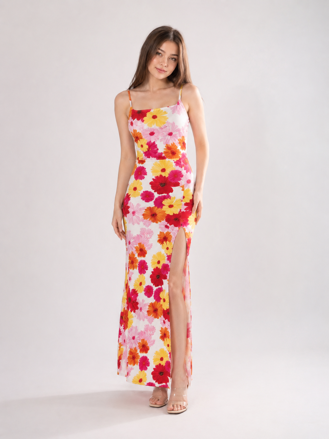 TANDUL Women's Retro Daisy Print Cami Maxi Dress with Side Slit