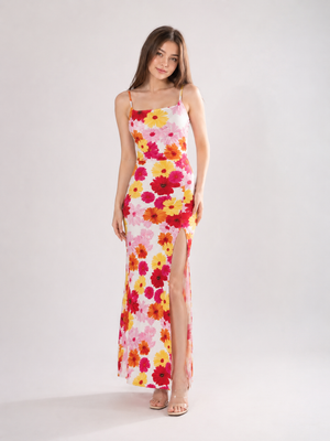 TANDUL Women's Retro Daisy Print Cami Maxi Dress with Side Slit