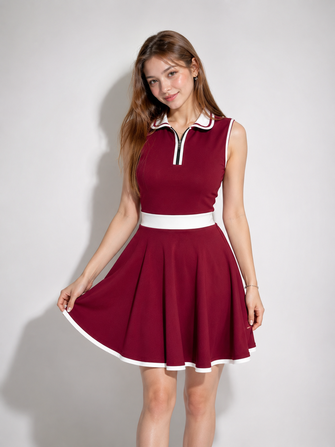TANDUL Women Retro Sleeveless Polo Dress with Zipper Neck